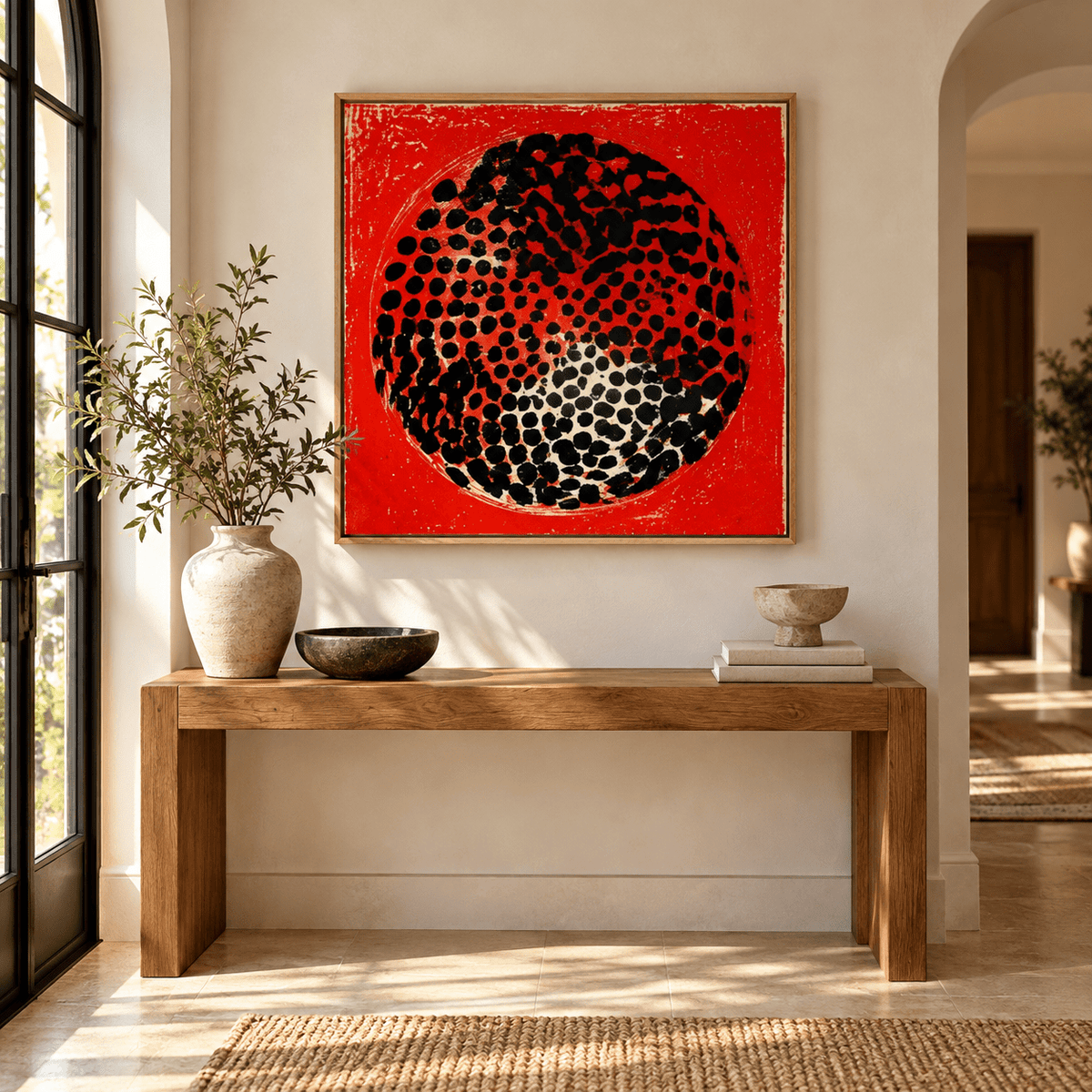 Front view of Red Wall Decor – Ember Halo canvas print in oak floater frame, black and cream dotted sphere on red