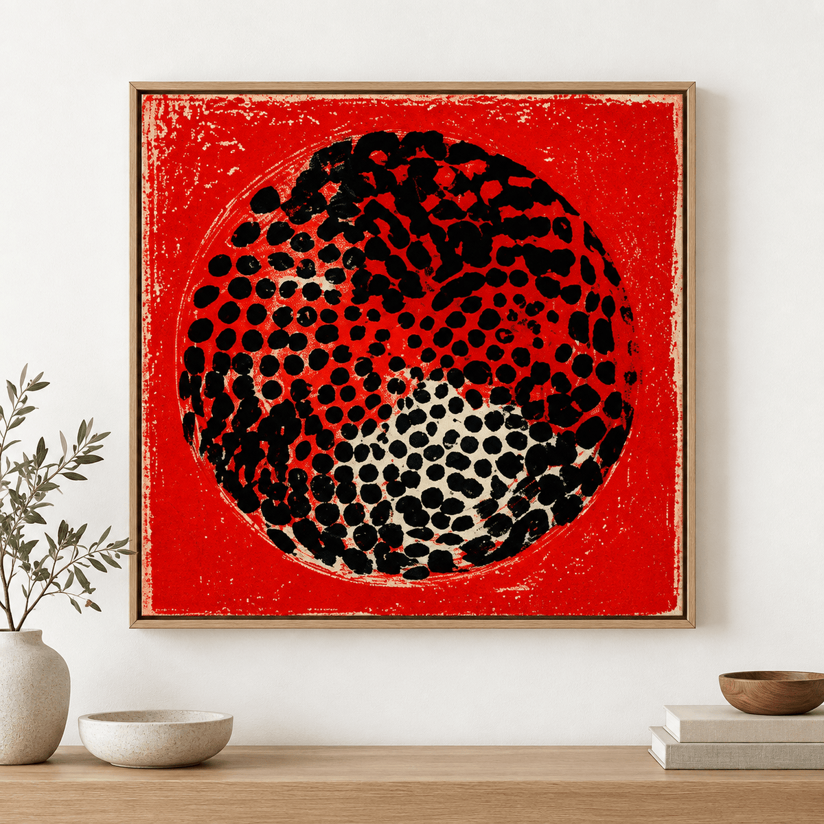 Red Wall Decor – Ember Halo canvas print in oak floater frame above an entryway console table