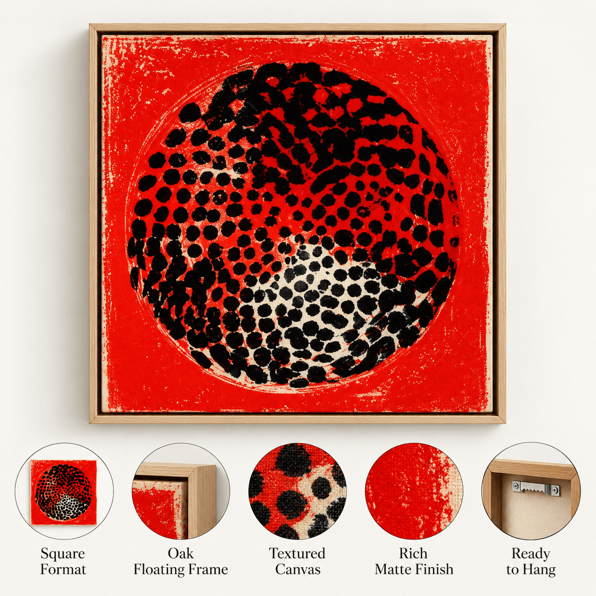 Red Wall Decor – Ember Halo infographic showing square format, oak floating frame, textured canvas, matte finish, and ready-to-hang hardware