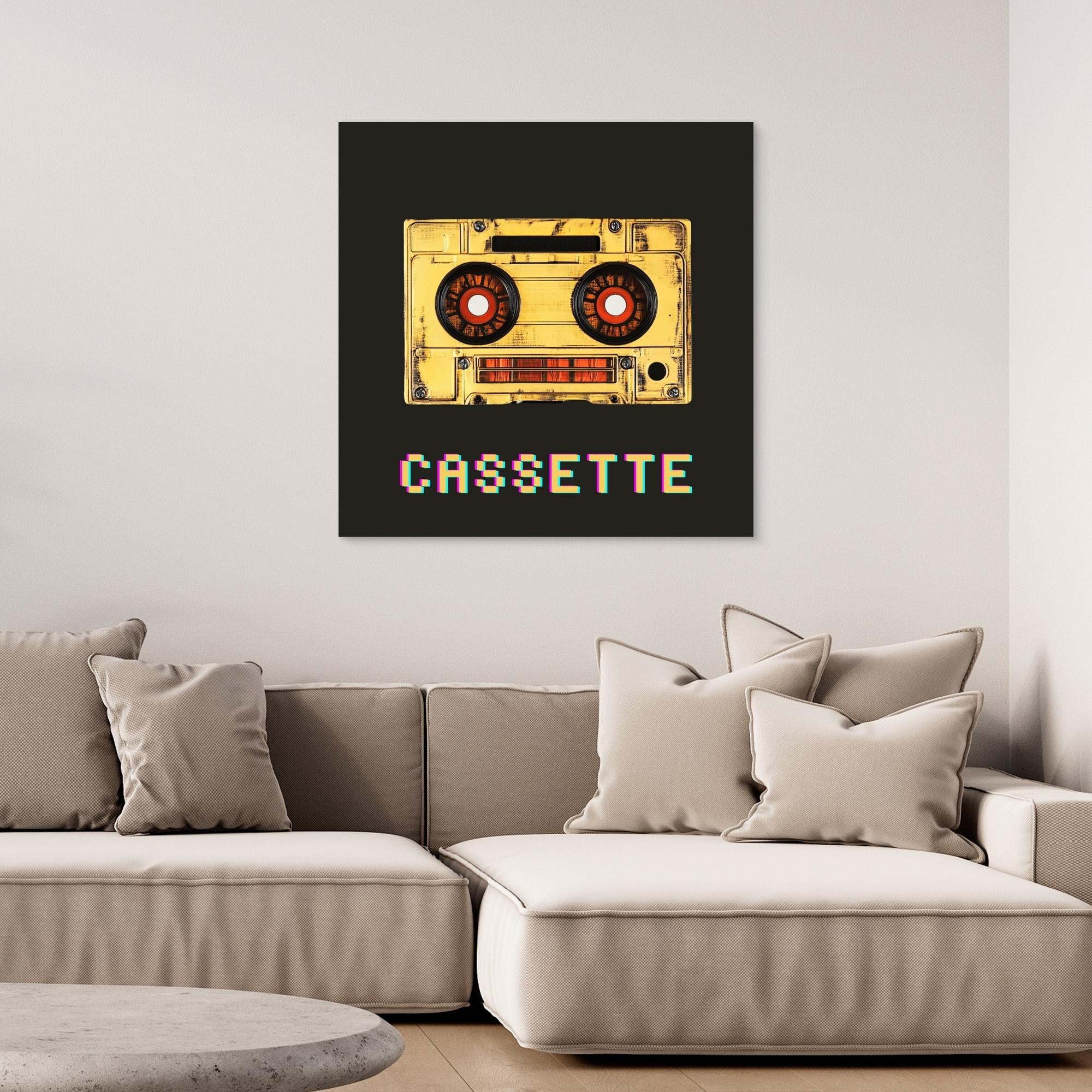 Canvas Print: Retro Cassette Glitch – 80s Pop Art Poster modern abstract canvas wall art by Rossetti Art – luxury interior design artwork for living room, bedroom, office – 80s Wall Decor Glitch Art Print Mixtape Vibes Artwork
