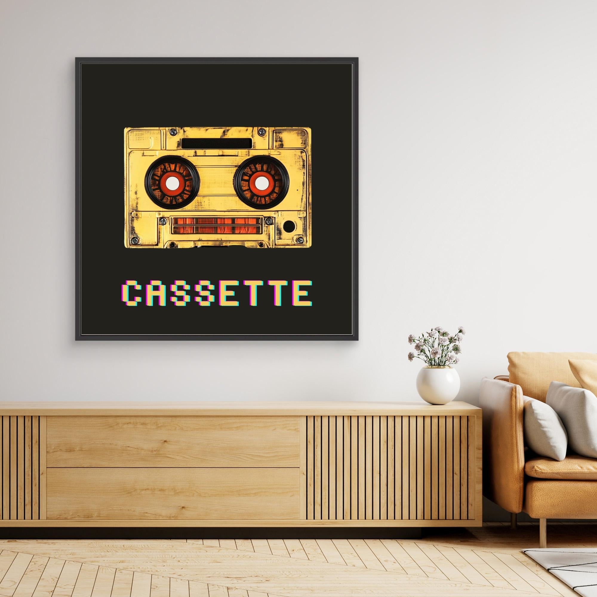 Canvas Print: Retro Cassette Glitch – 80s Pop Art Poster modern abstract canvas wall art by Rossetti Art – luxury interior design artwork for living room, bedroom, office – 80s Wall Decor Glitch Art Print Mixtape Vibes Artwork