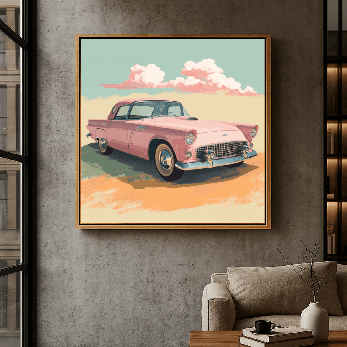 Canvas Print: Retro Dream – Vintage Pink Car Canvas Print | Mid - Century Wall Art by Rossetti Art modern abstract canvas wall art by Rossetti Art – luxury interior design artwork for living room, bedroom, office – canvas print art cars Chiara Rossetti