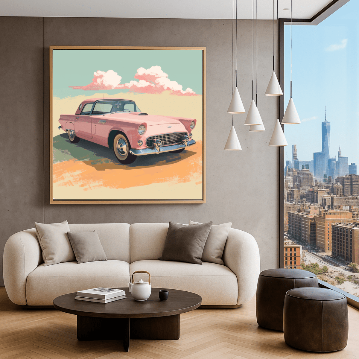 Canvas Print: Retro Dream – Vintage Pink Car Canvas Print | Mid - Century Wall Art by Rossetti Art modern abstract canvas wall art by Rossetti Art – luxury interior design artwork for living room, bedroom, office – canvas print art cars Chiara Rossetti