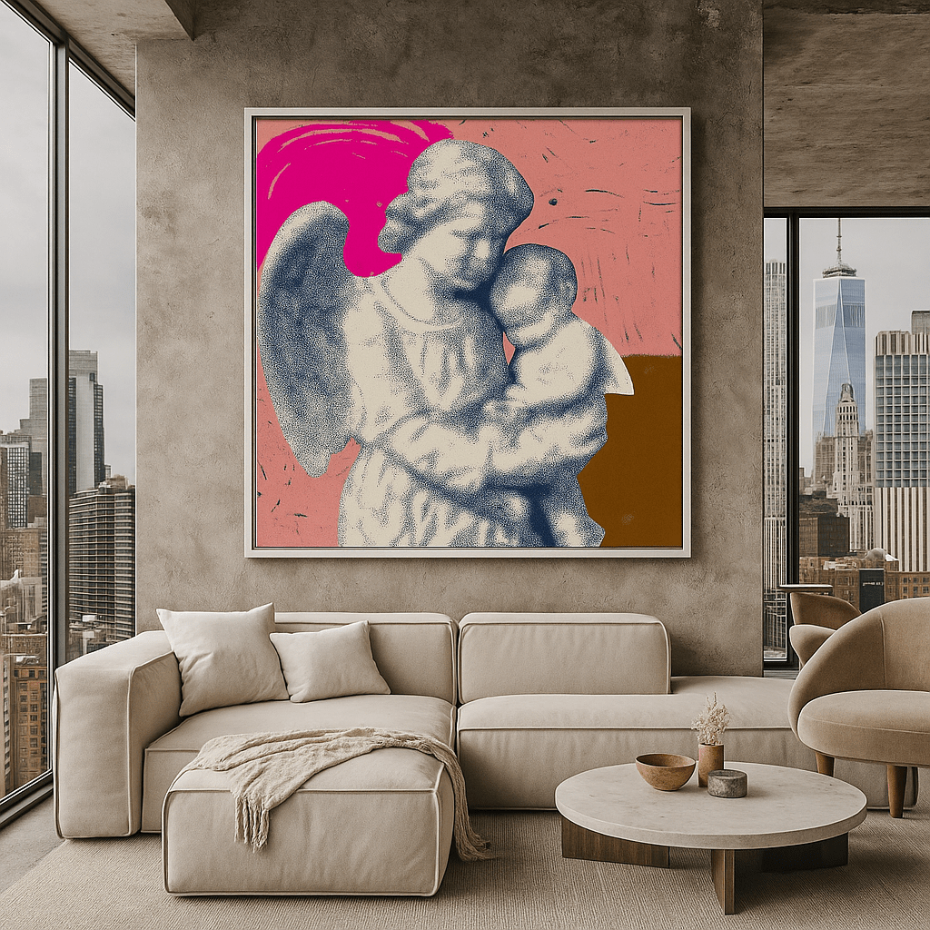Canvas Print : Sacred Embrace – Angel & Child Pop Art Canvas Wall Print - Chiara Rossetti