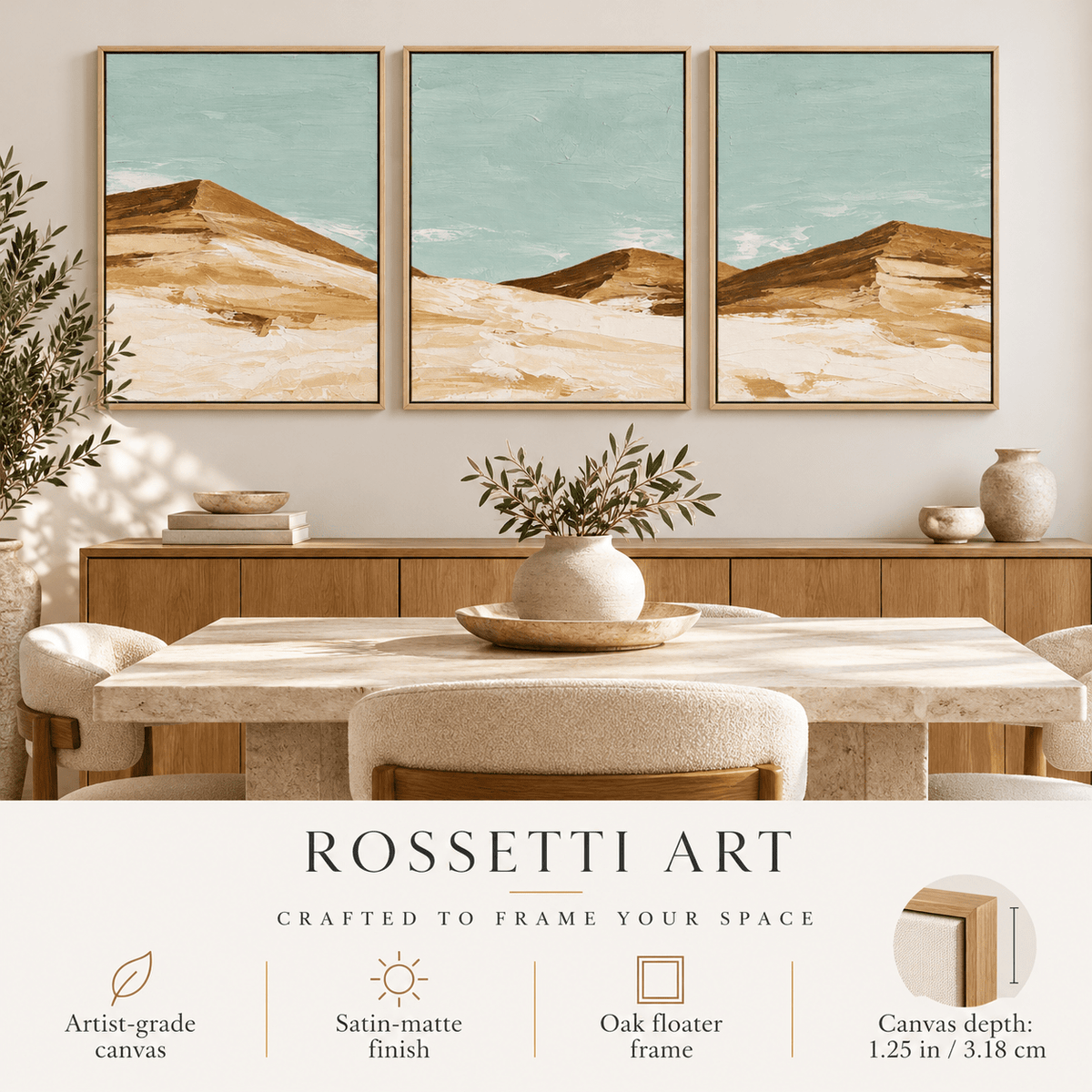 Sand Dune Wall Art – Dune Horizon canvas print set of 3 by Rossetti Art, framed triptych in a dining room