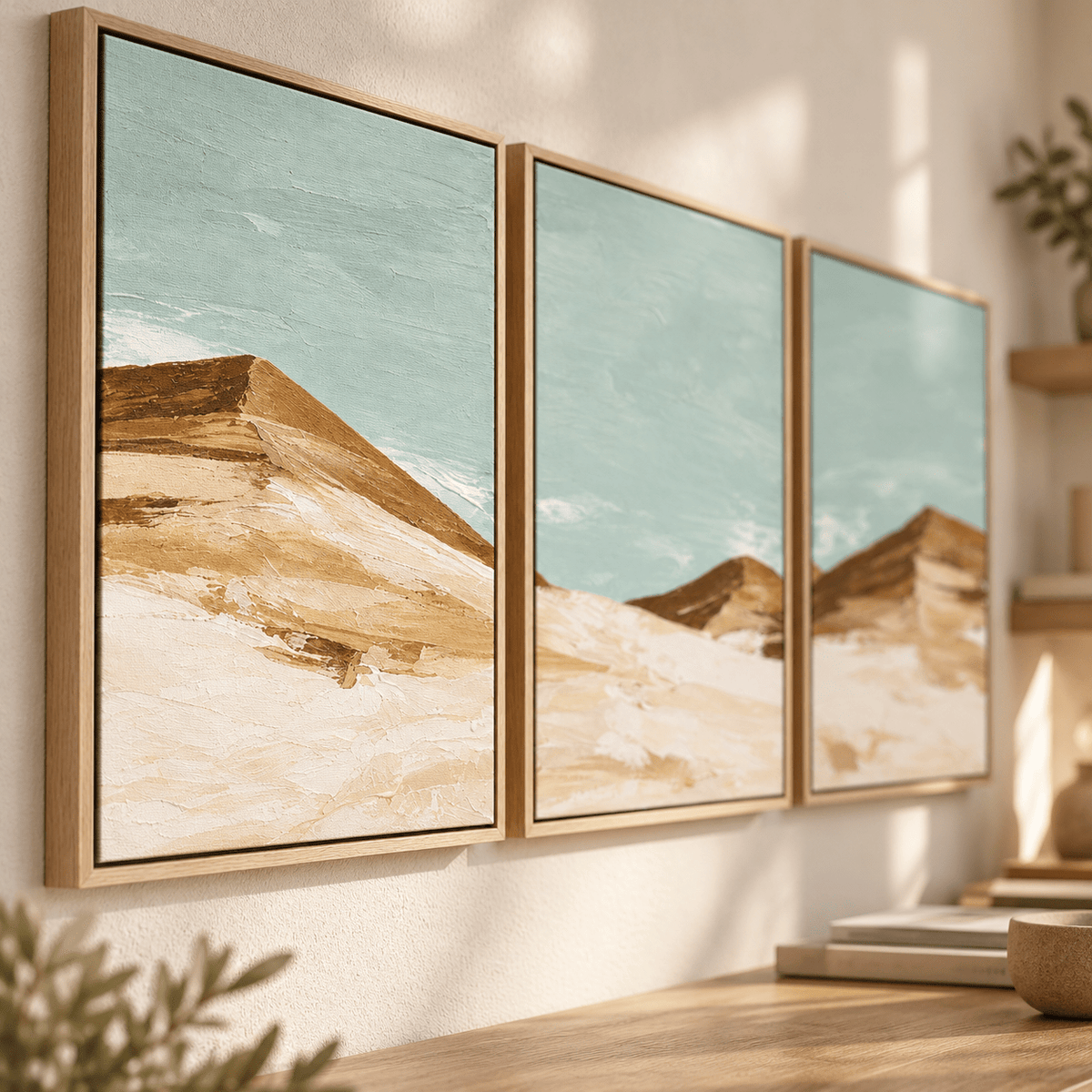 Sand Dune Wall Art – Dune Horizon canvas print set of 3 by Rossetti Art, framed triptych in a natural interior