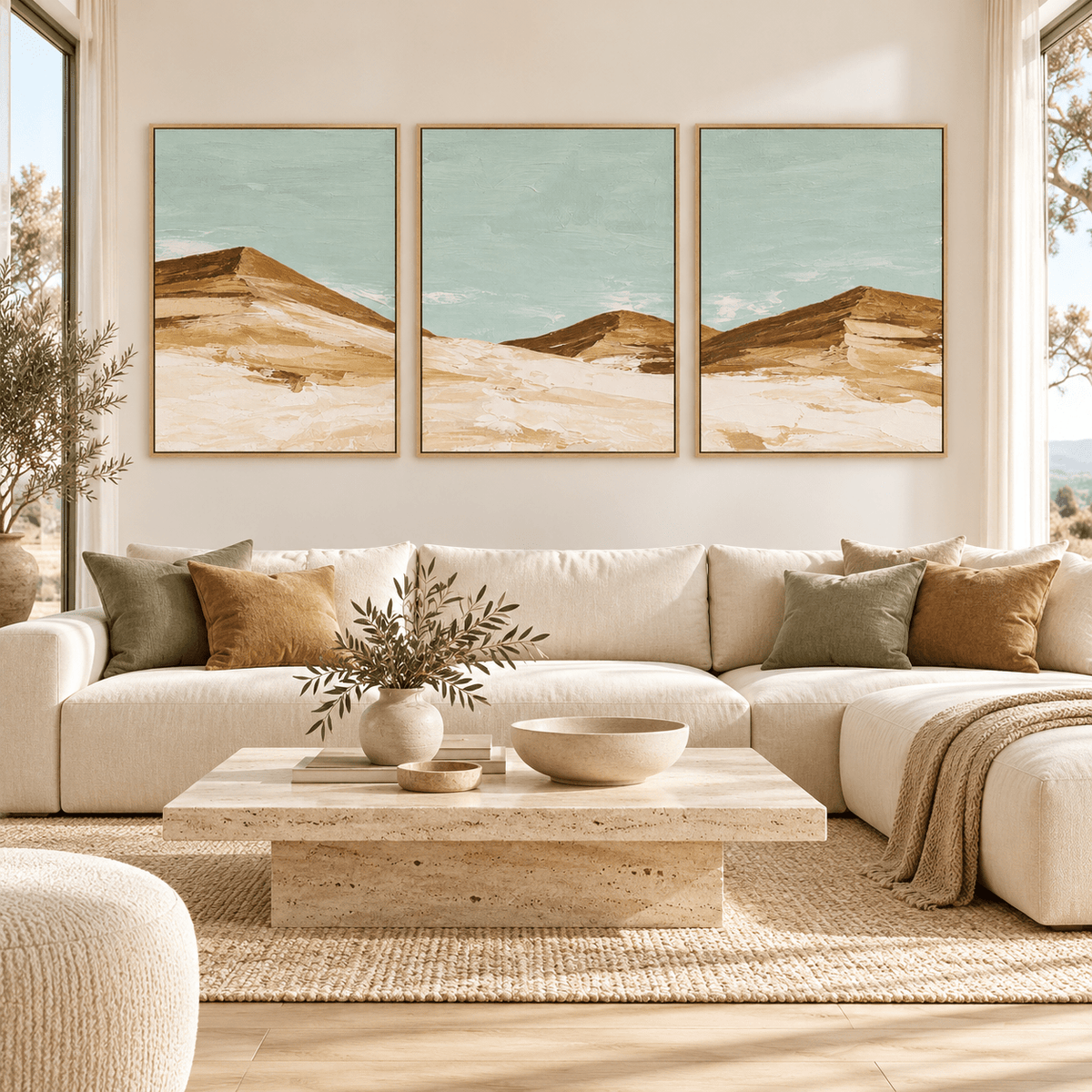 Sand Dune Wall Art – Dune Horizon canvas print set of 3 by Rossetti Art, framed trio above a cream sectional