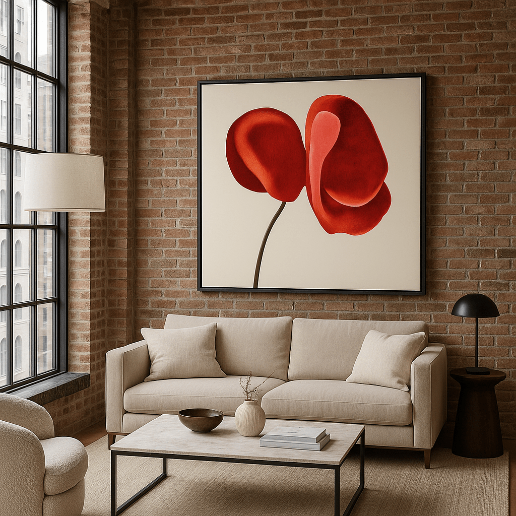 Canvas Print: "Scarlet Petal Harmony" - Abstract Floral Art modern abstract canvas wall art by Rossetti Art – luxury interior design artwork for living room, bedroom, office – Bold floral canvas bold floral portrait contemporary floral decor