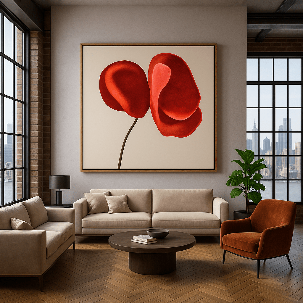 Canvas Print: "Scarlet Petal Harmony" - Abstract Floral Art modern abstract canvas wall art by Rossetti Art – luxury interior design artwork for living room, bedroom, office – Bold floral canvas bold floral portrait contemporary floral decor