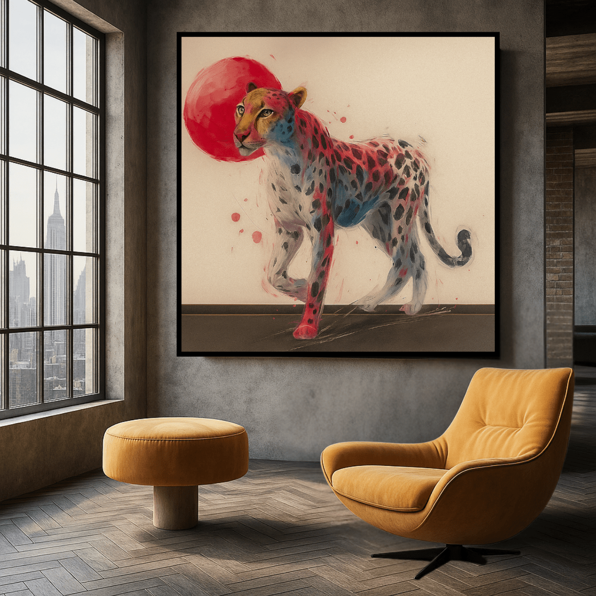 Canvas Print : Scarlet Stare – Canvas Art of a Fantasy Leopard & Red Sun - Chiara Rossetti