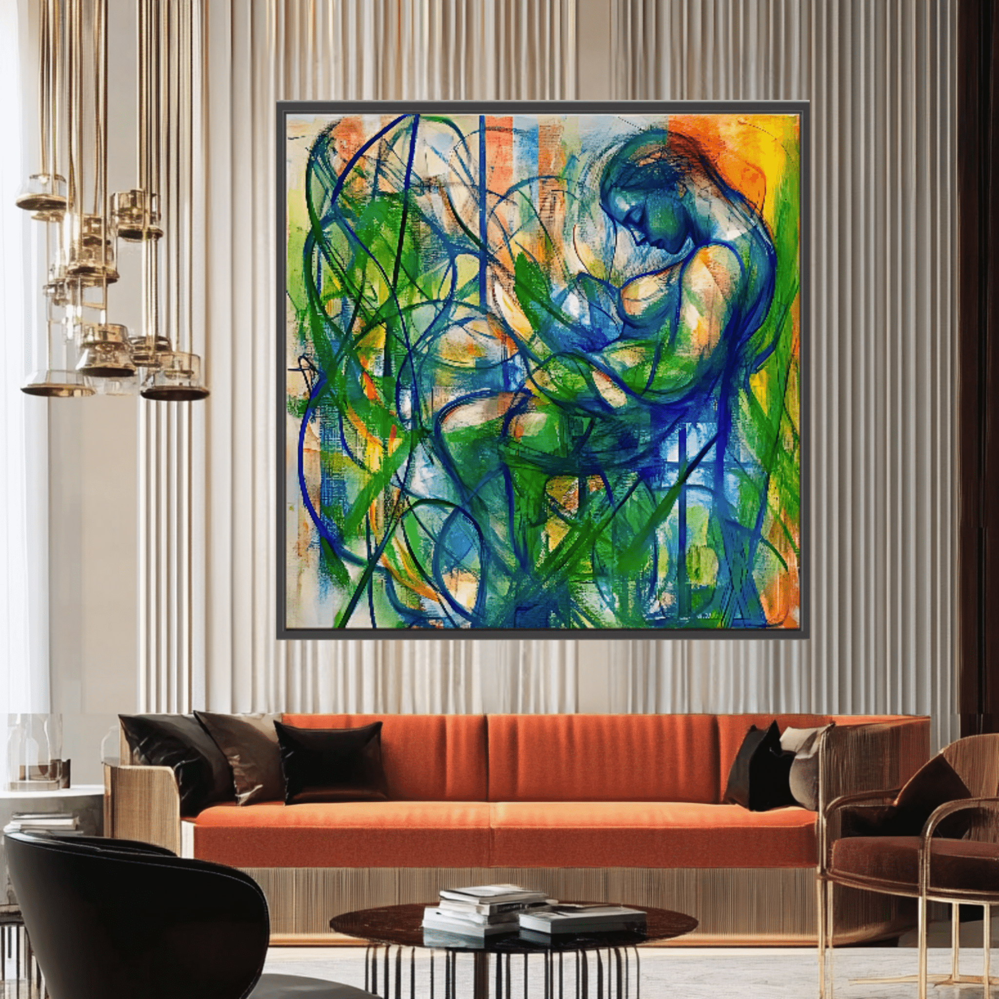 Canvas Print: "Serene Entanglement" - Abstract Figurative Wall Art modern abstract canvas wall art by Rossetti Art – luxury interior design artwork for living room, bedroom, office – Abstract figurative canvas print Dynamic figurative artwork for home decor Large abstract portrait canvas print
