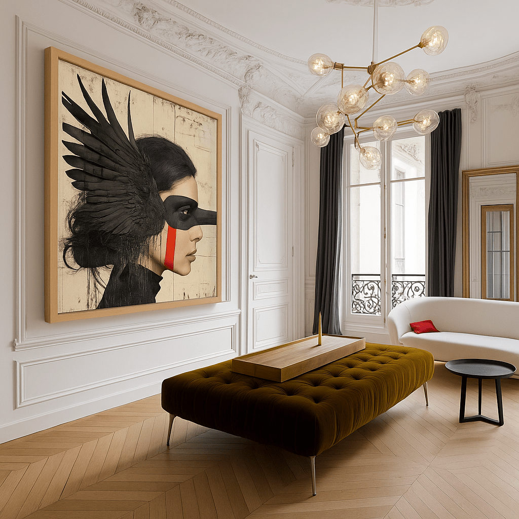 Canvas Print : Shadowed Wings - Modern Black Feathered Portrait Wall Decor modern abstract canvas wall art by Rossetti Art – luxury interior design artwork for living room, bedroom, office – Artistic portrait print Black feathered artwork Dark surreal painting