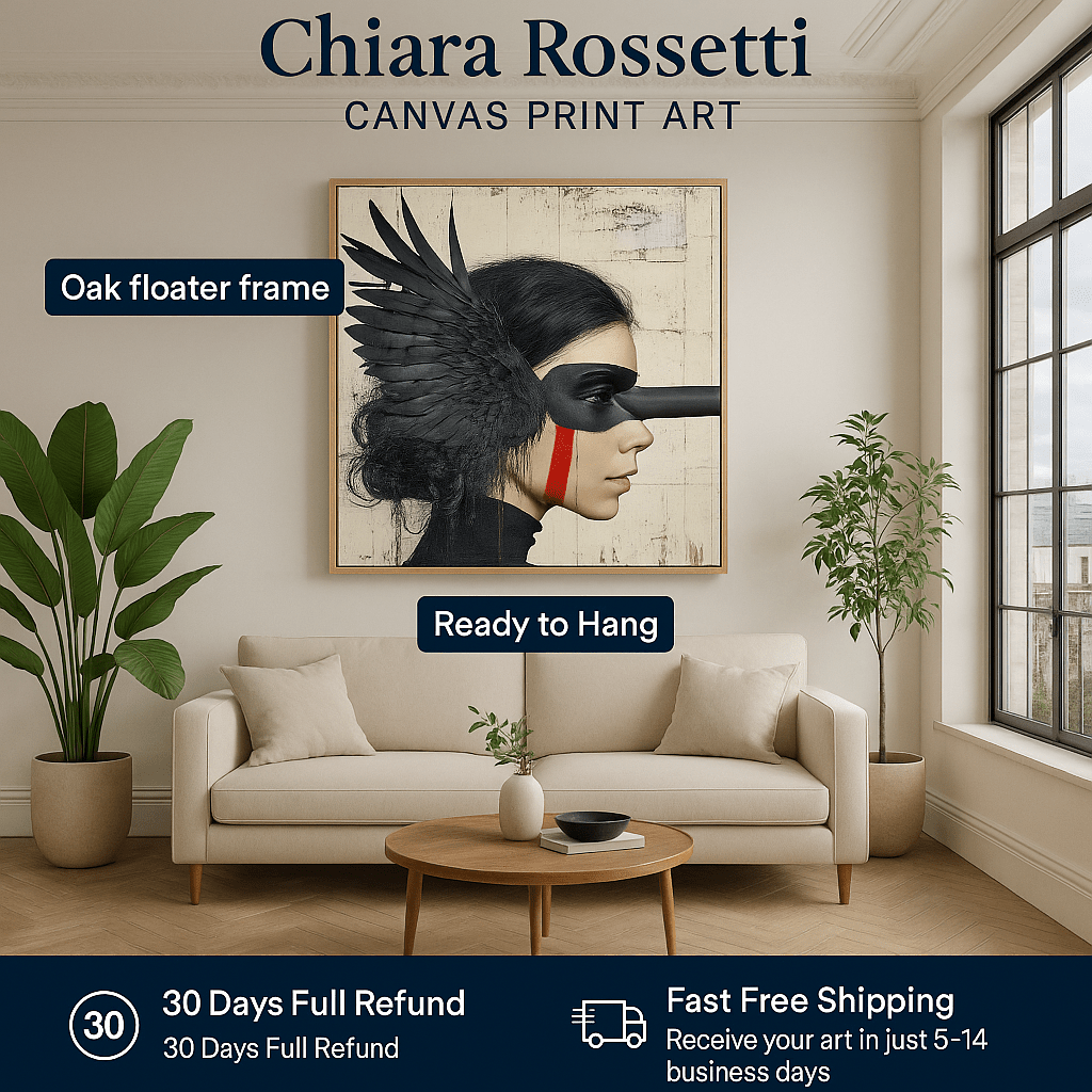 Canvas Print : Shadowed Wings - Modern Black Feathered Portrait Wall Decor modern abstract canvas wall art by Rossetti Art – luxury interior design artwork for living room, bedroom, office – Artistic portrait print Black feathered artwork Dark surreal painting