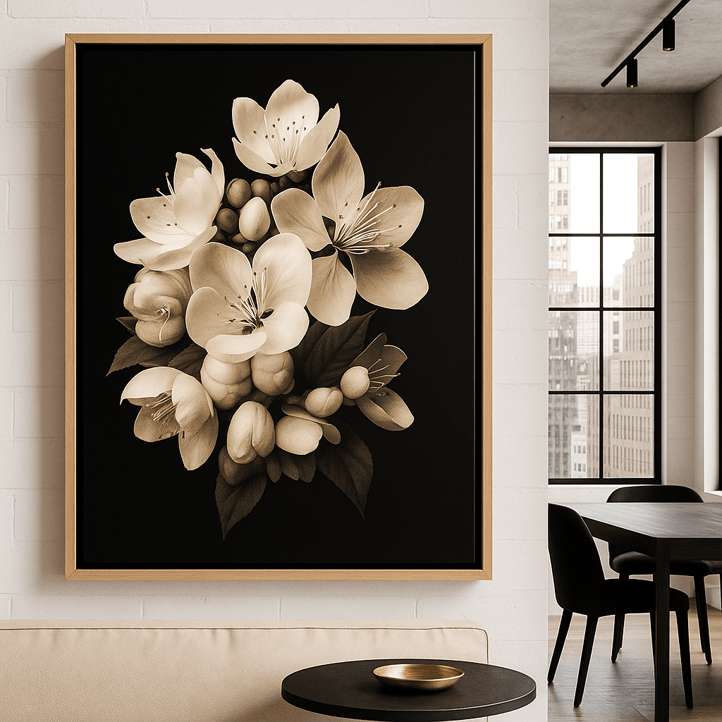 Canvas Print : Silent Blooms Floral – Black & White Vintage Floral Canvas - Chiara Rossetti