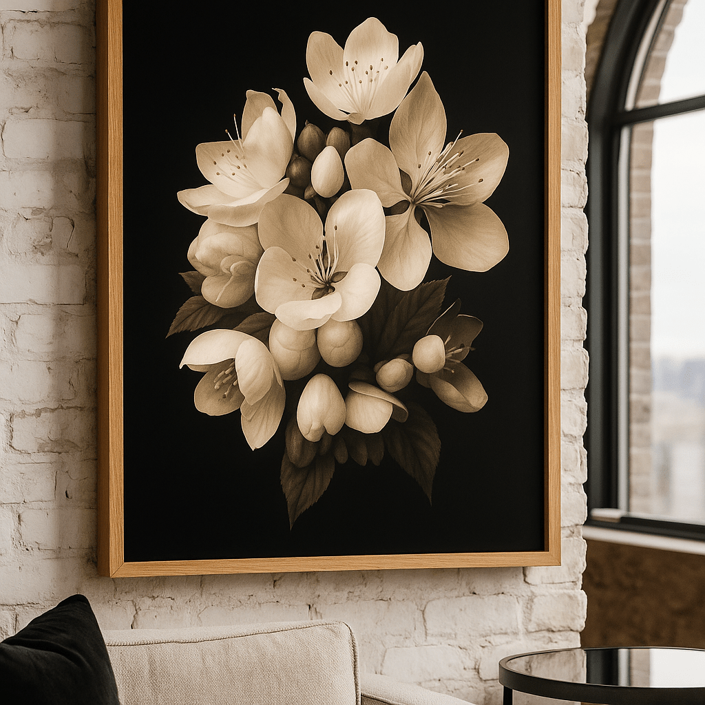 Canvas Print : Silent Blooms Floral – Black & White Vintage Floral Canvas modern abstract canvas wall art by Rossetti Art – luxury interior design artwork for living room, bedroom, office – black and white canvas cherry blossom wall art dark floral