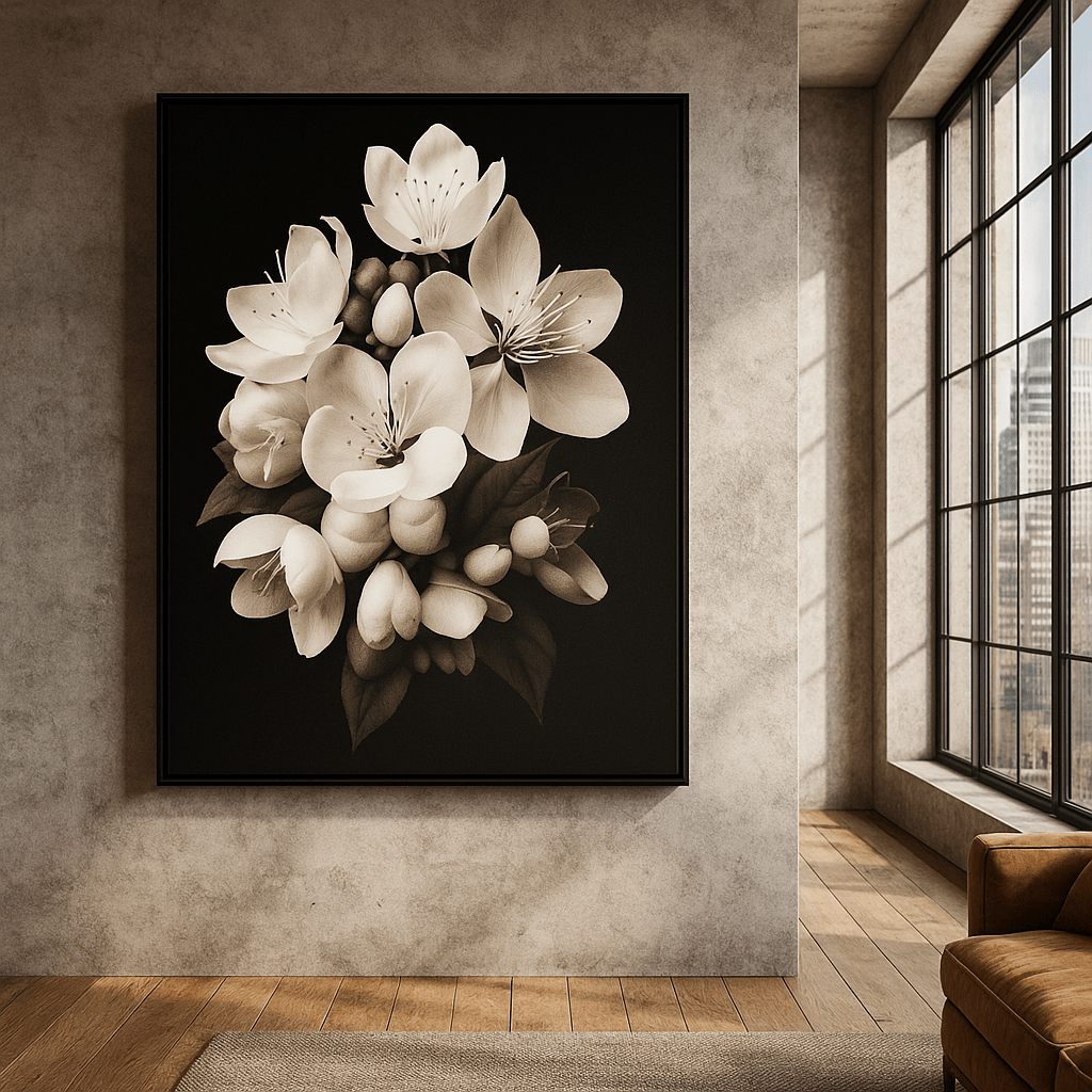 Canvas Print : Silent Blooms Floral – Black & White Vintage Floral Canvas modern abstract canvas wall art by Rossetti Art – luxury interior design artwork for living room, bedroom, office – black and white canvas cherry blossom wall art dark floral