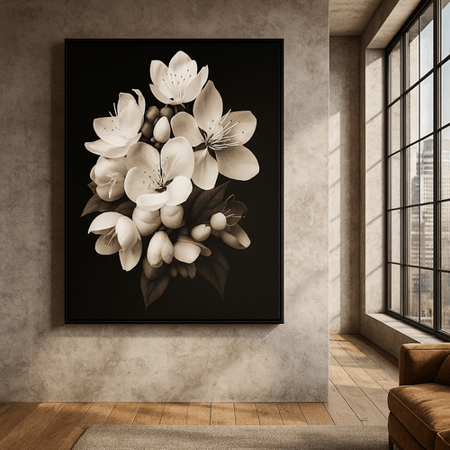 Canvas Print : Silent Blooms Floral – Black & White Vintage Floral Canvas modern abstract canvas wall art by Rossetti Art – luxury interior design artwork for living room, bedroom, office – black and white canvas cherry blossom wall art dark floral