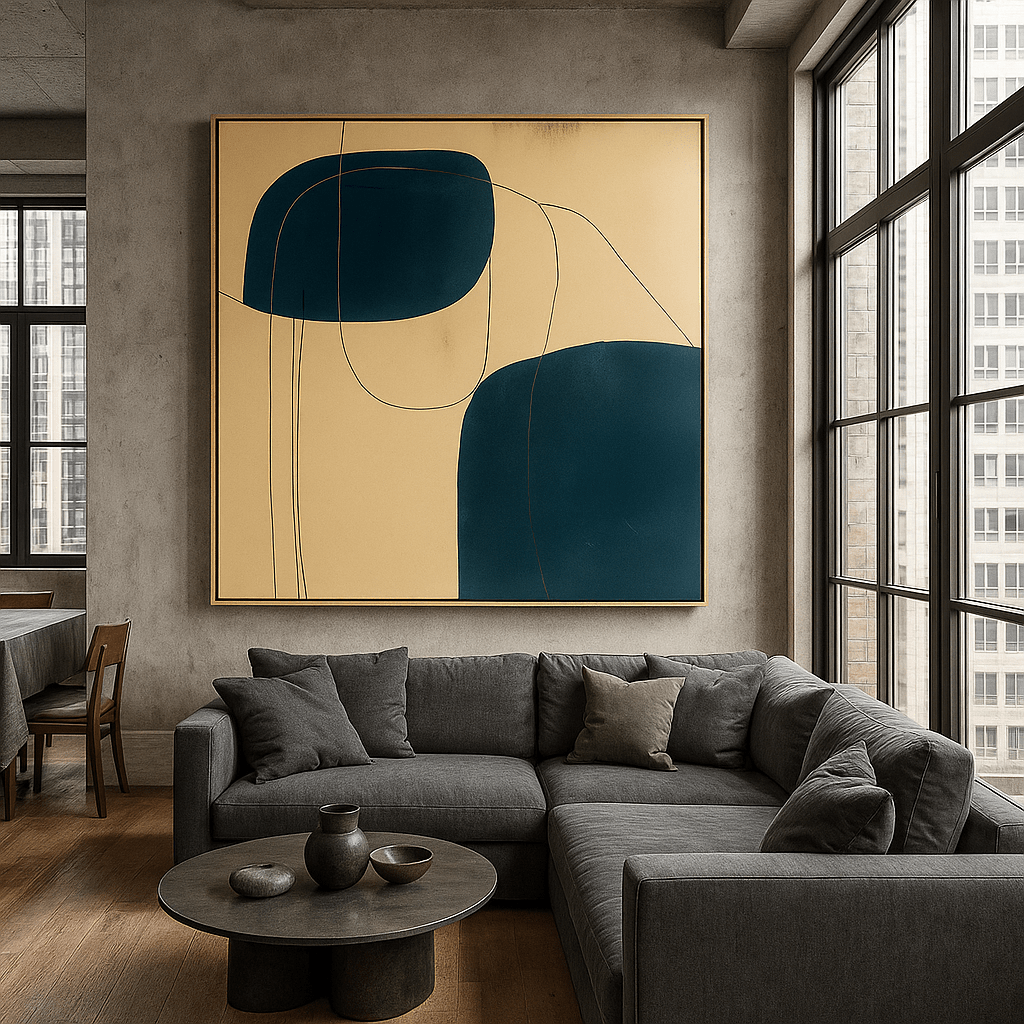 Canvas Print: Silent Curves – Wabi Sabi Abstract Minimalist Canvas Print in Navy & Beige modern abstract canvas wall art by Rossetti Art – luxury interior design artwork for living room, bedroom, office – abstract wall art canvas print art Chiara Rossetti