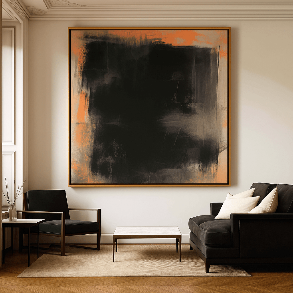 Canvas Print: Silent Ember - Minimalist Abstract Canvas Print in Black & Copper modern abstract canvas wall art by Rossetti Art – luxury interior design artwork for living room, bedroom, office – abstract wall art contemporary wall design extra large canvas wall art for living room