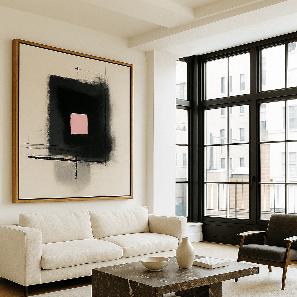 Canvas Print: Silent Geometry – Minimalist Abstract Canvas Print in Black & Soft Pink | Luxury Modern Wall Art by Chiara Rossetti modern abstract canvas wall art by Rossetti Art – luxury interior design artwork for living room, bedroom, office – abstract wall art canvas print art Chiara Rossetti