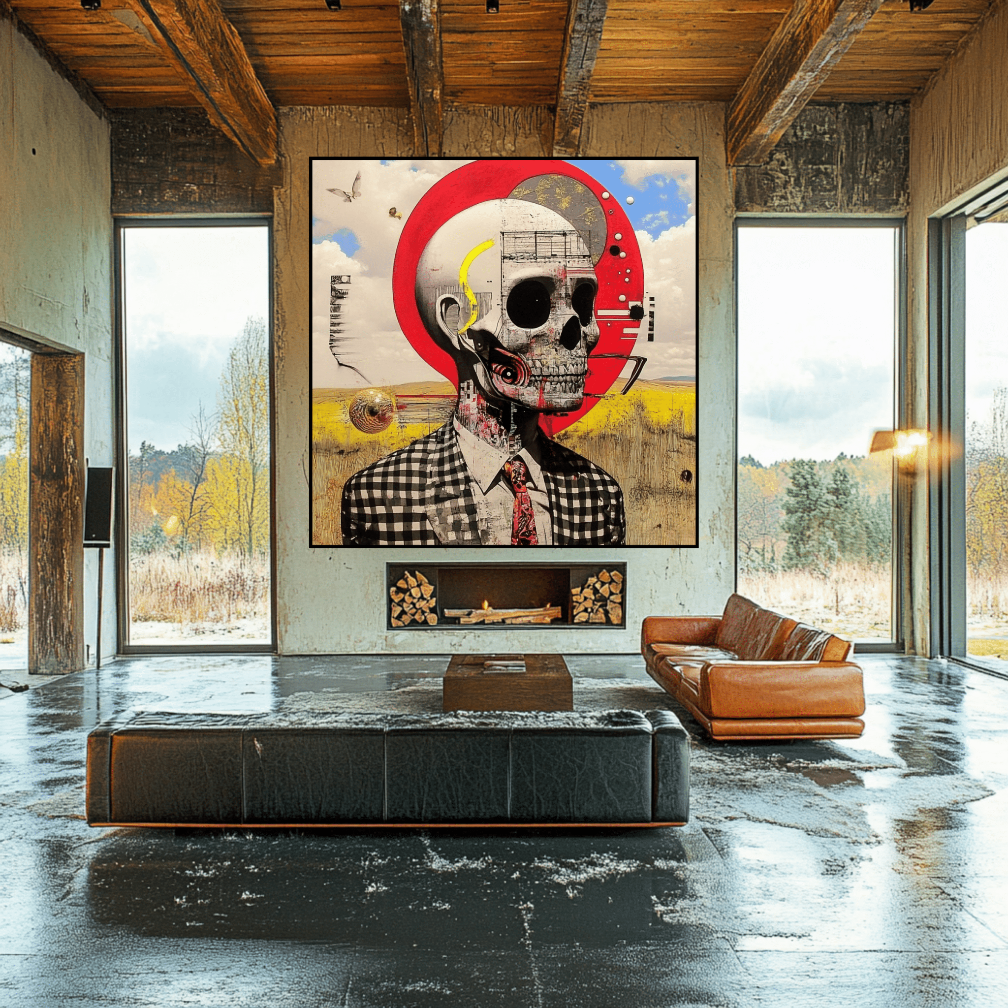 Canvas Print : Skull Reverie - Surreal Skull Art Print – Modern Mixed Media Wall Decor with Red Accents modern abstract canvas wall art by Rossetti Art – luxury interior design artwork for living room, bedroom, office – Abstract skull painting Artistic skull decor Black and white artwork