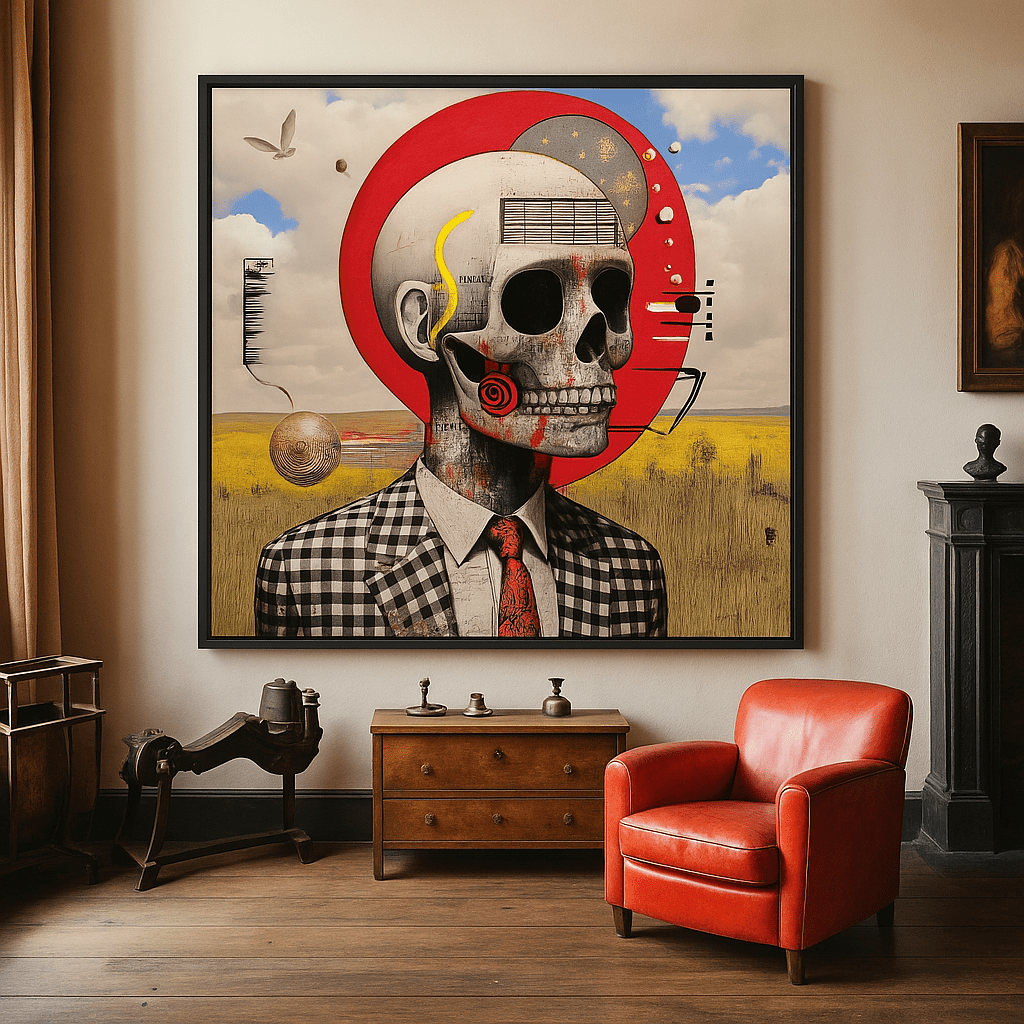 Canvas Print : Skull Reverie - Surreal Skull Art Print – Modern Mixed Media Wall Decor with Red Accents modern abstract canvas wall art by Rossetti Art – luxury interior design artwork for living room, bedroom, office – Abstract skull painting Artistic skull decor Black and white artwork