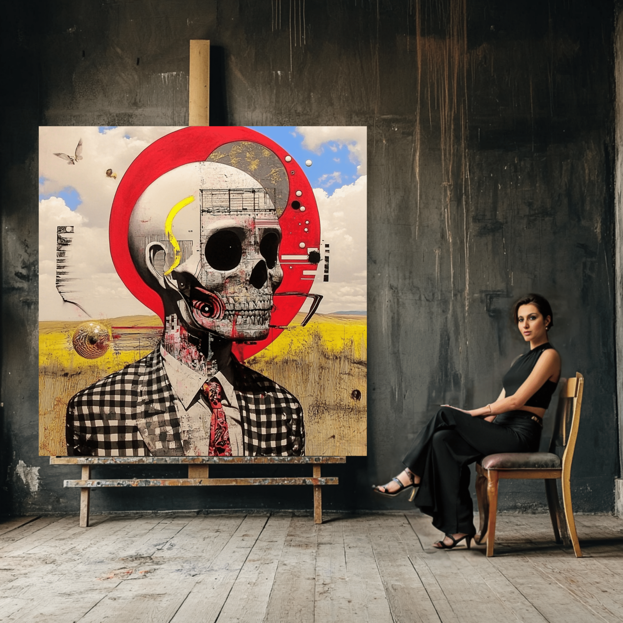 Canvas Print : Skull Reverie - Surreal Skull Art Print – Modern Mixed Media Wall Decor with Red Accents modern abstract canvas wall art by Rossetti Art – luxury interior design artwork for living room, bedroom, office – Abstract skull painting Artistic skull decor Black and white artwork