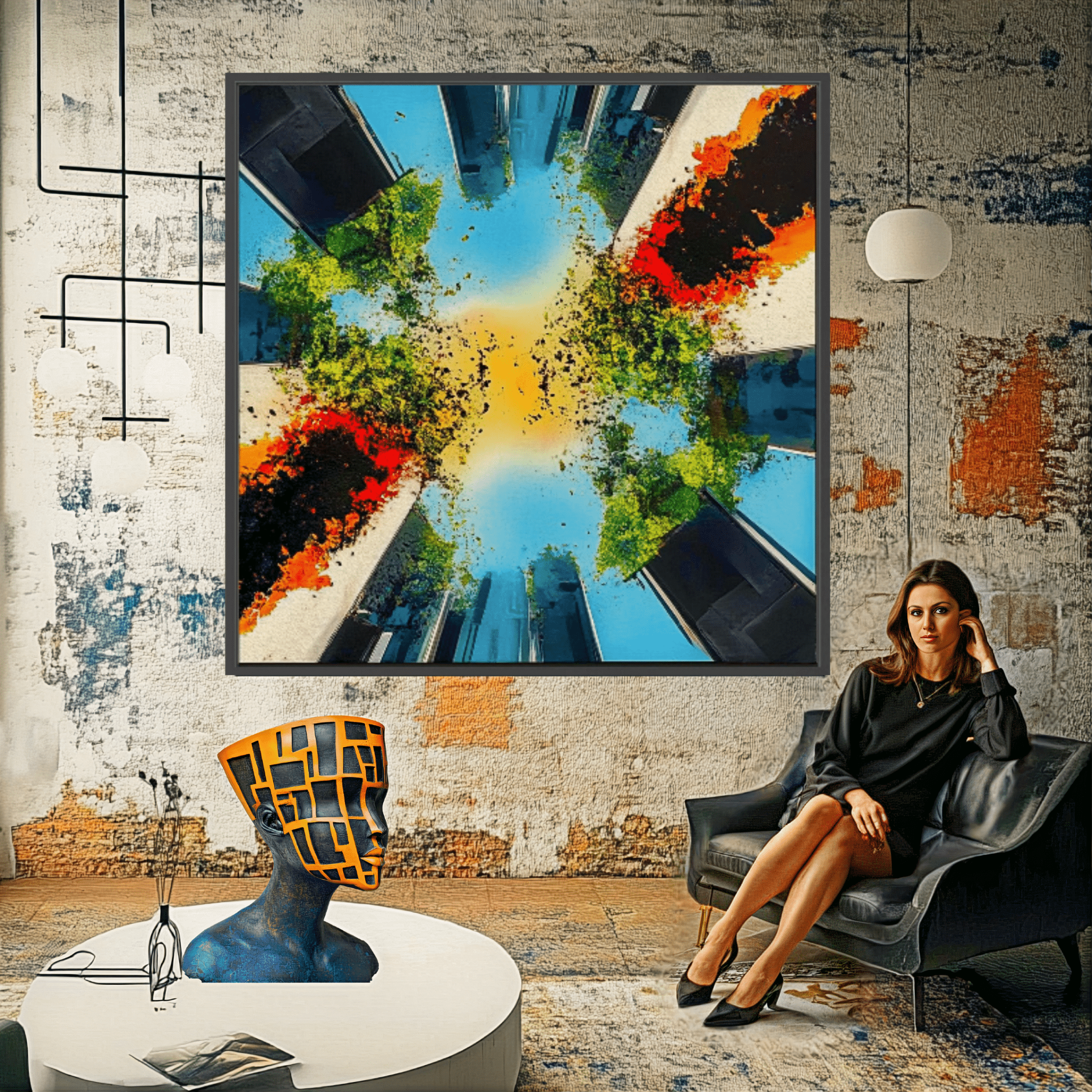 Canvas Print : Skyward Symphony - Abstract Urban Nature Art modern abstract canvas wall art by Rossetti Art – luxury interior design artwork for living room, bedroom, office – Abstract Cityscape Art Contemporary Canvas Art Skyward Symphony