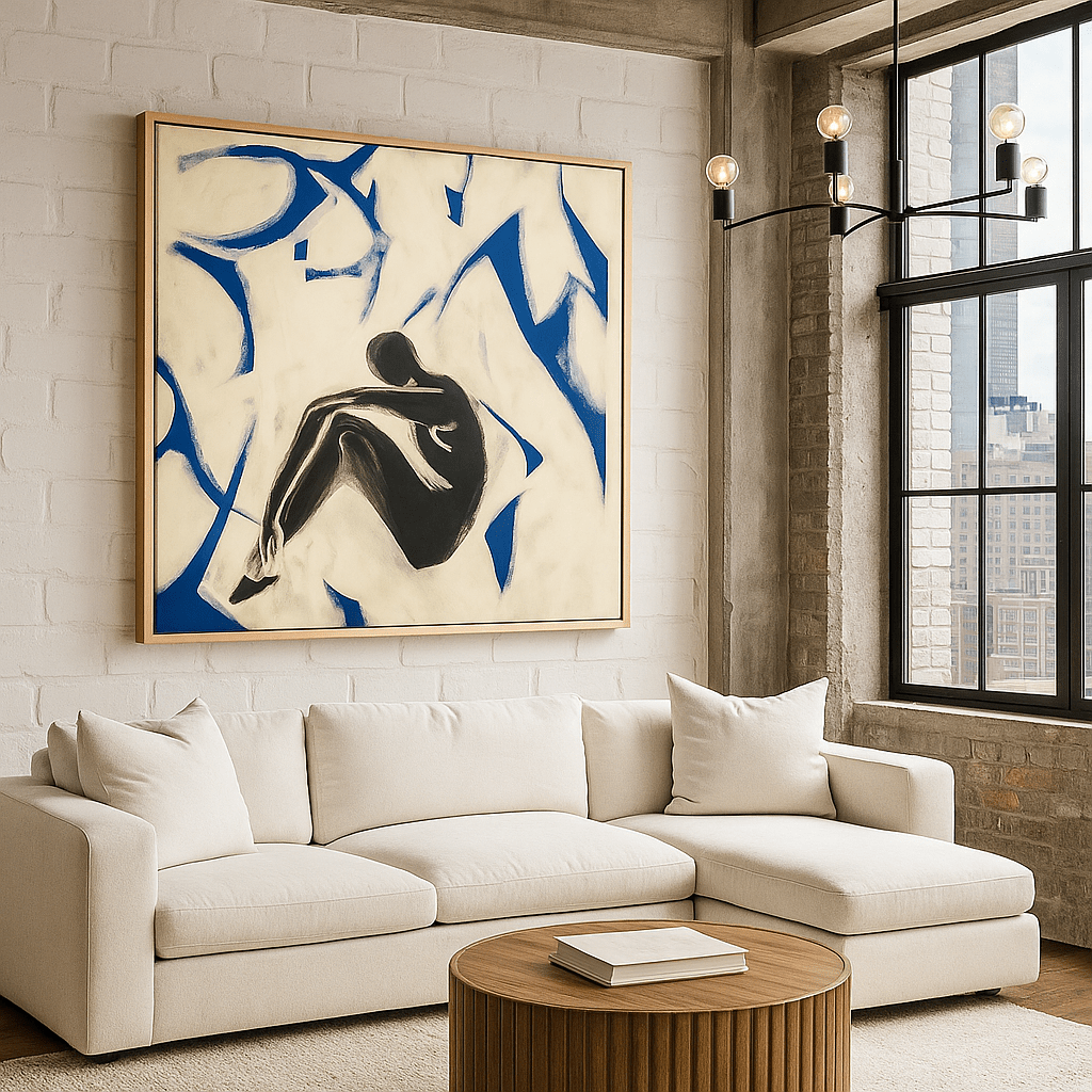 Canvas Print: Solace Within – Figurative Abstract Canvas Print in Blue and Black modern abstract canvas wall art by Rossetti Art – luxury interior design artwork for living room, bedroom, office – abstract wall art canvas print art Chiara Rossetti
