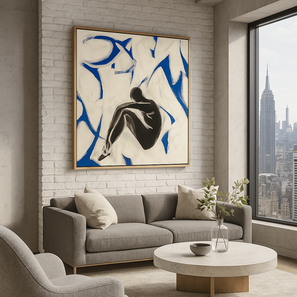 Canvas Print: Solace Within – Figurative Abstract Canvas Print in Blue and Black modern abstract canvas wall art by Rossetti Art – luxury interior design artwork for living room, bedroom, office – abstract wall art canvas print art Chiara Rossetti