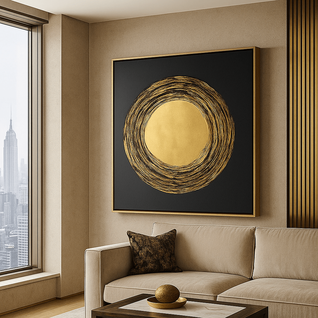 Canvas Print: Solar Essence – Modern Abstract Gold Circle Canvas Print | Minimalist Luxury Wall Art by Rossetti Art modern abstract canvas wall art by Rossetti Art – luxury interior design artwork for living room, bedroom, office – abstractnew canvas print art Chiara Rossetti