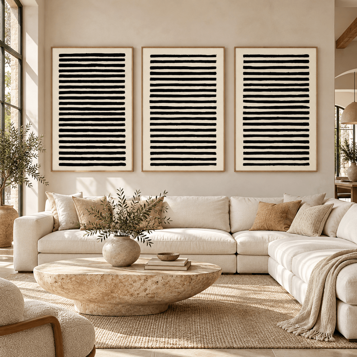 Stripe Wall Art Canvas Print Set of 3 – Ink Ledger above a cream sectional sofa in a living room by Rossetti Art