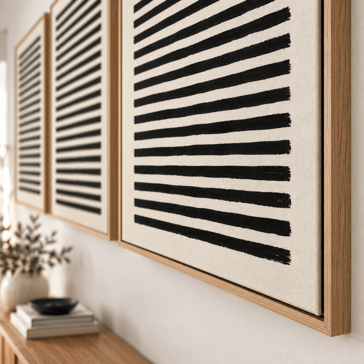Stripe Wall Art – Ink Ledger close-up of hand-brushed black stripes on canvas with floater frame corner by Rossetti Art