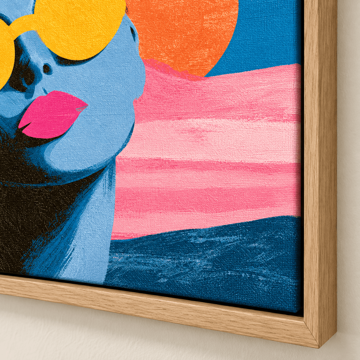 Summer Wall Art – Lemon Lens by Rossetti Art – close-up of the pink bands, blue hills and textured canvas at the framed corner