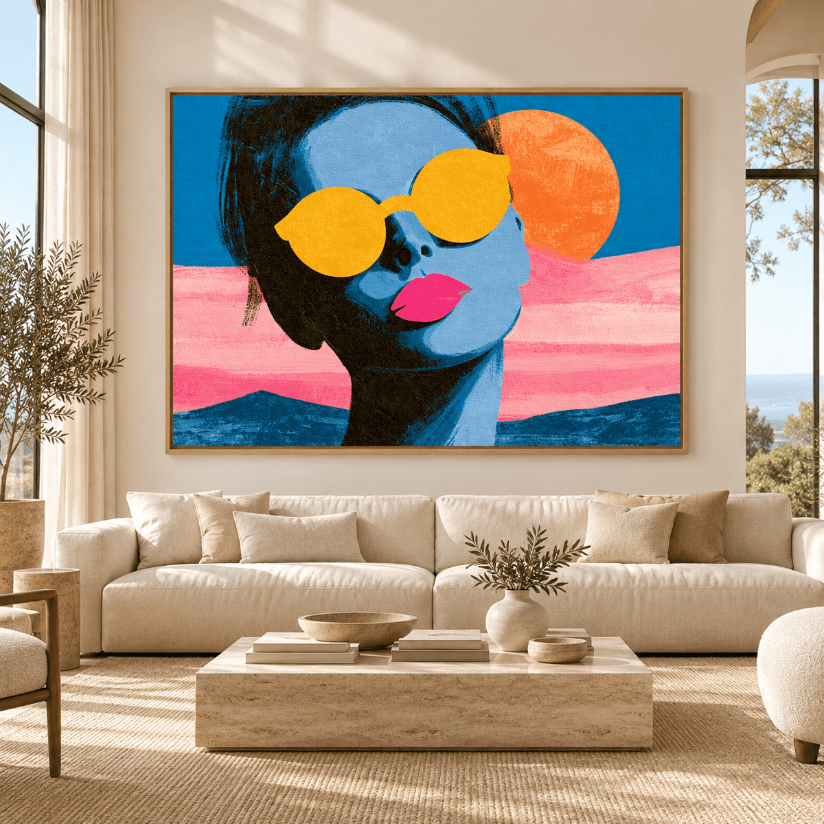 Summer Wall Art – Lemon Lens by Rossetti Art – oversized colorful pop art portrait above a cream sofa in a bright living room