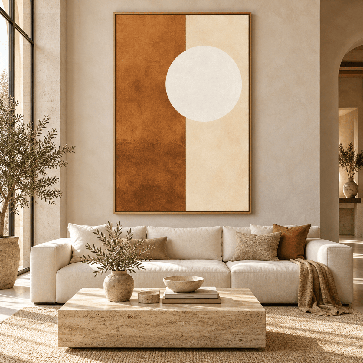 Sun and Moon Wall Art – Sienna Moon by Rossetti Art above a cream sofa in a living room