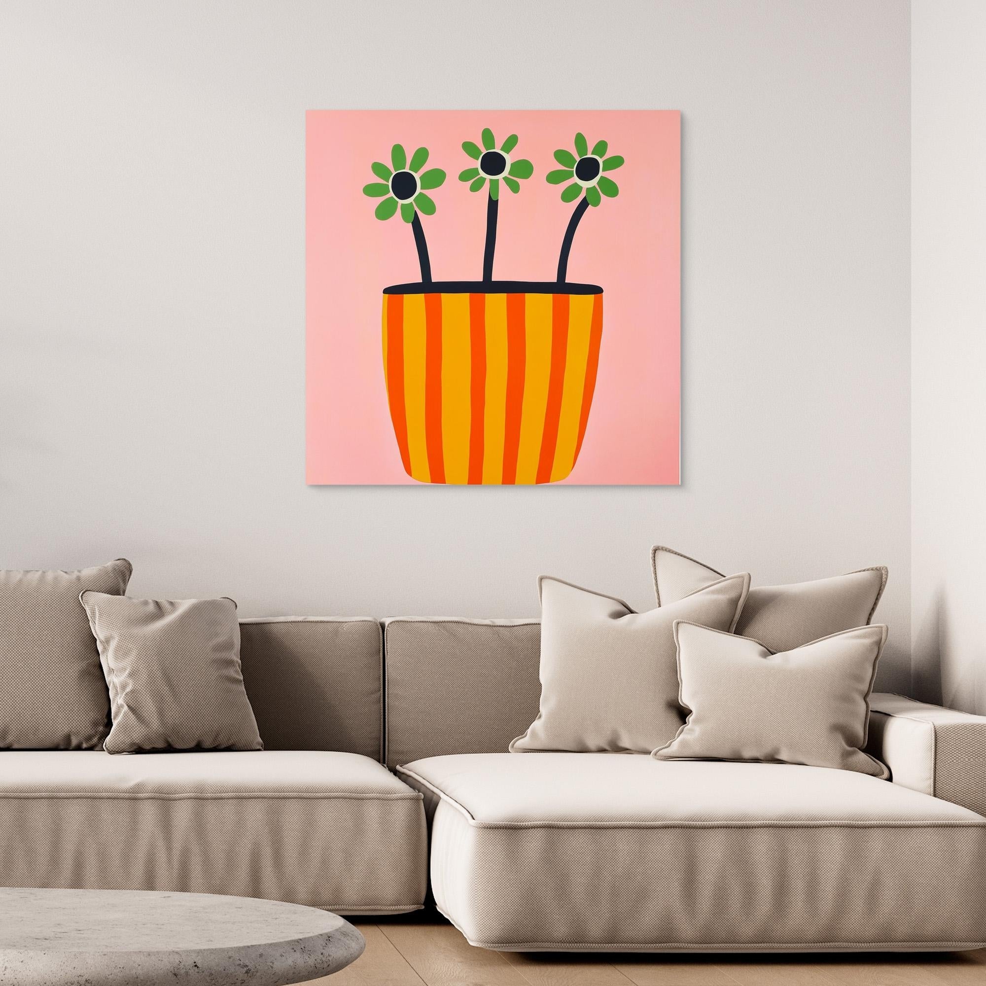 Canvas Print: "Sun - Kissed Blooms in Striped Pot" - Modern Floral Wall Art modern abstract canvas wall art by Rossetti Art – luxury interior design artwork for living room, bedroom, office – Bold floral canvas contemporary floral decor Floral Abstract