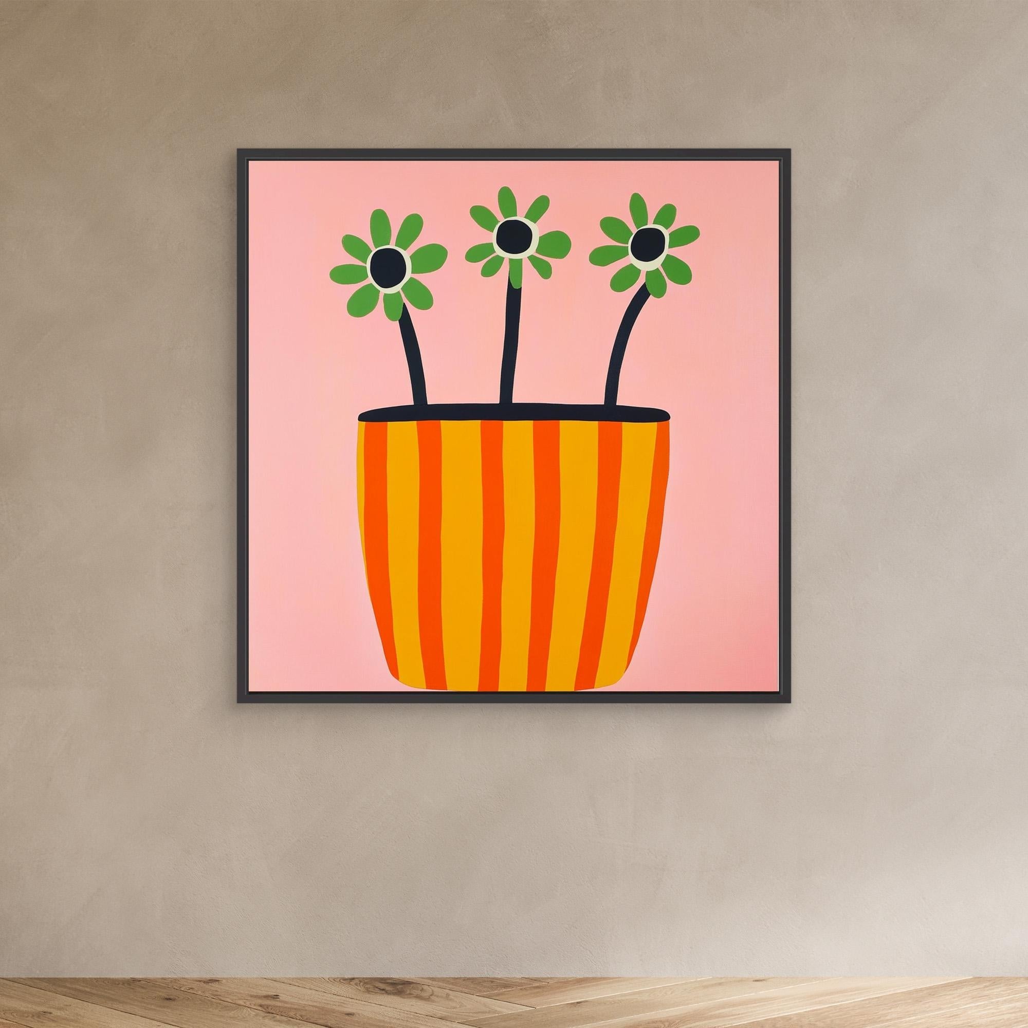 Canvas Print: "Sun - Kissed Blooms in Striped Pot" - Modern Floral Wall Art modern abstract canvas wall art by Rossetti Art – luxury interior design artwork for living room, bedroom, office – Bold floral canvas contemporary floral decor Floral Abstract