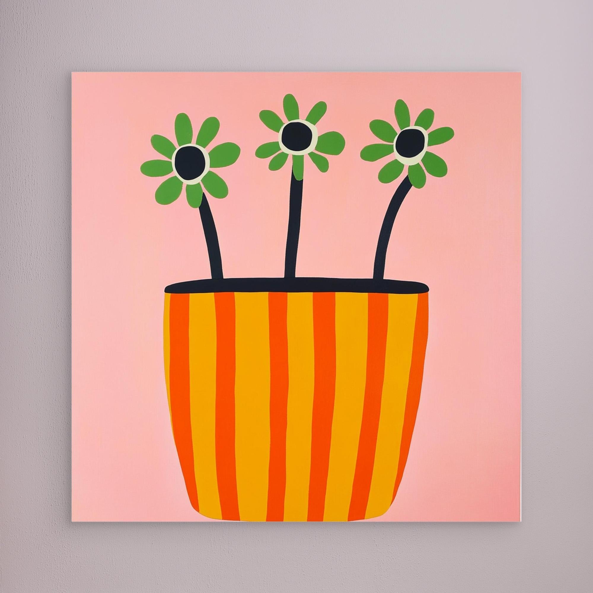 Canvas Print: "Sun - Kissed Blooms in Striped Pot" - Modern Floral Wall Art modern abstract canvas wall art by Rossetti Art – luxury interior design artwork for living room, bedroom, office – Bold floral canvas contemporary floral decor Floral Abstract