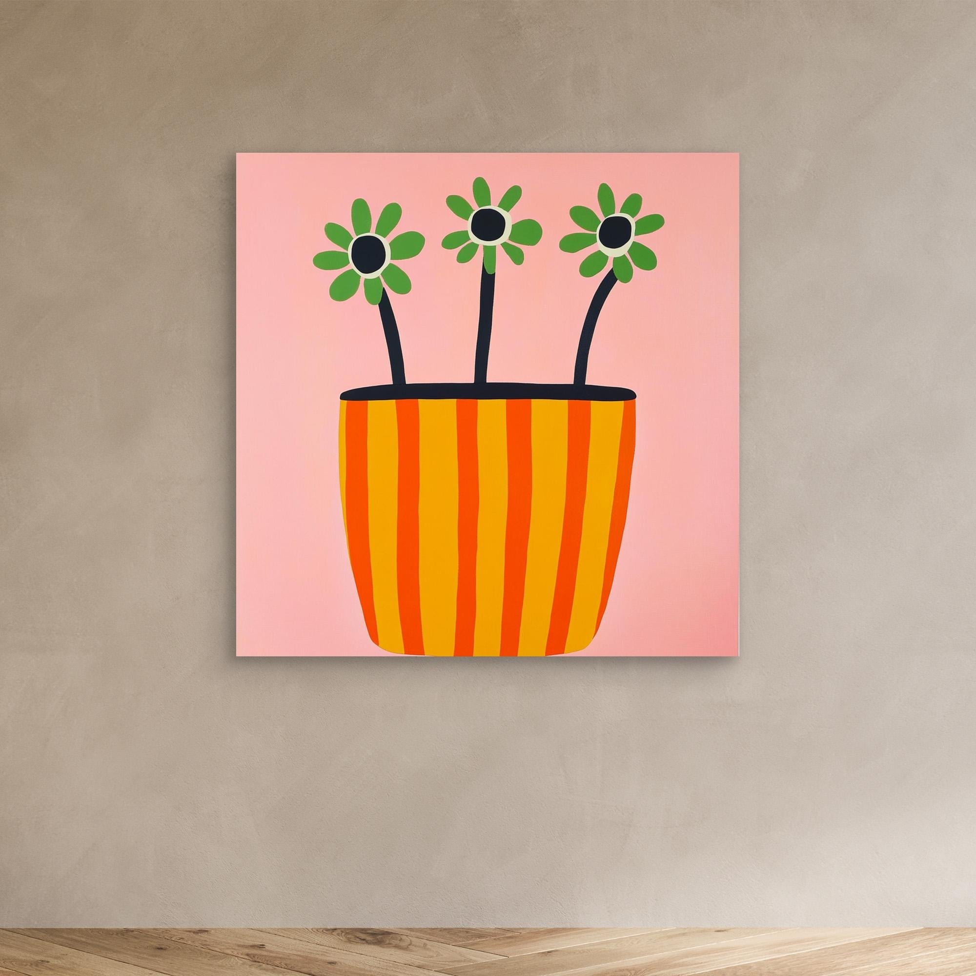 Canvas Print: "Sun - Kissed Blooms in Striped Pot" - Modern Floral Wall Art modern abstract canvas wall art by Rossetti Art – luxury interior design artwork for living room, bedroom, office – Bold floral canvas contemporary floral decor Floral Abstract