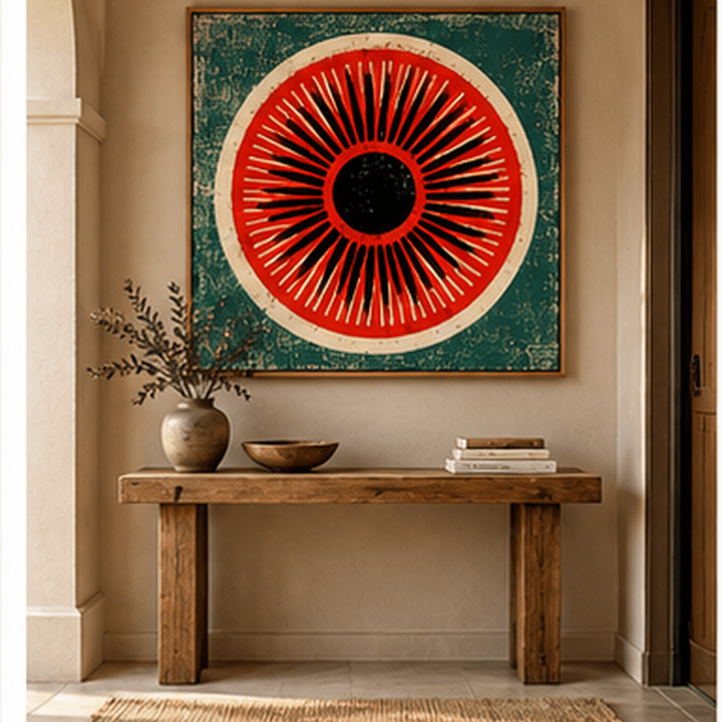 Square red teal sunburst canvas print in oak floating frame styled in a warm modern entryway