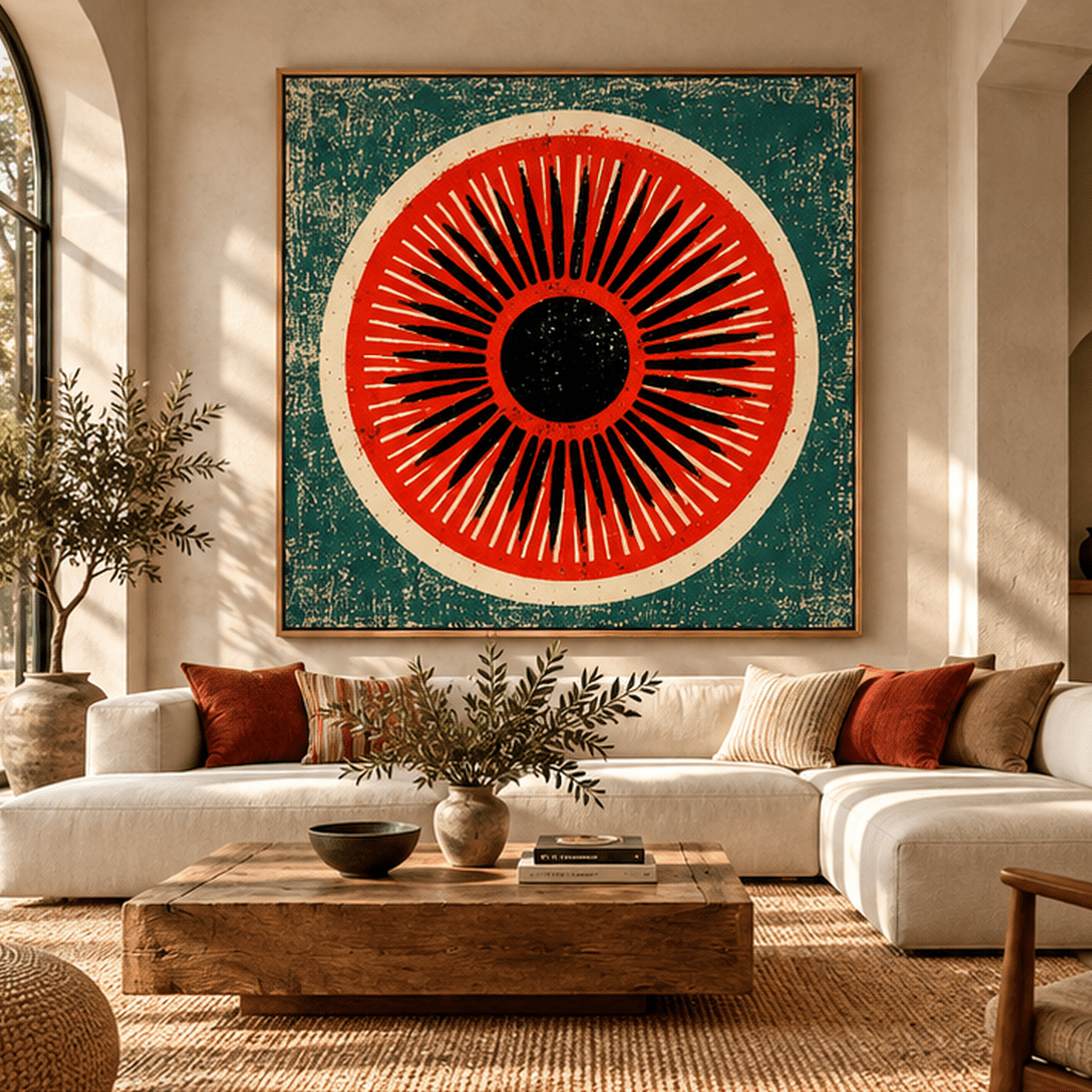 Oversized red teal sunburst canvas print in oak floating frame in a modern living room