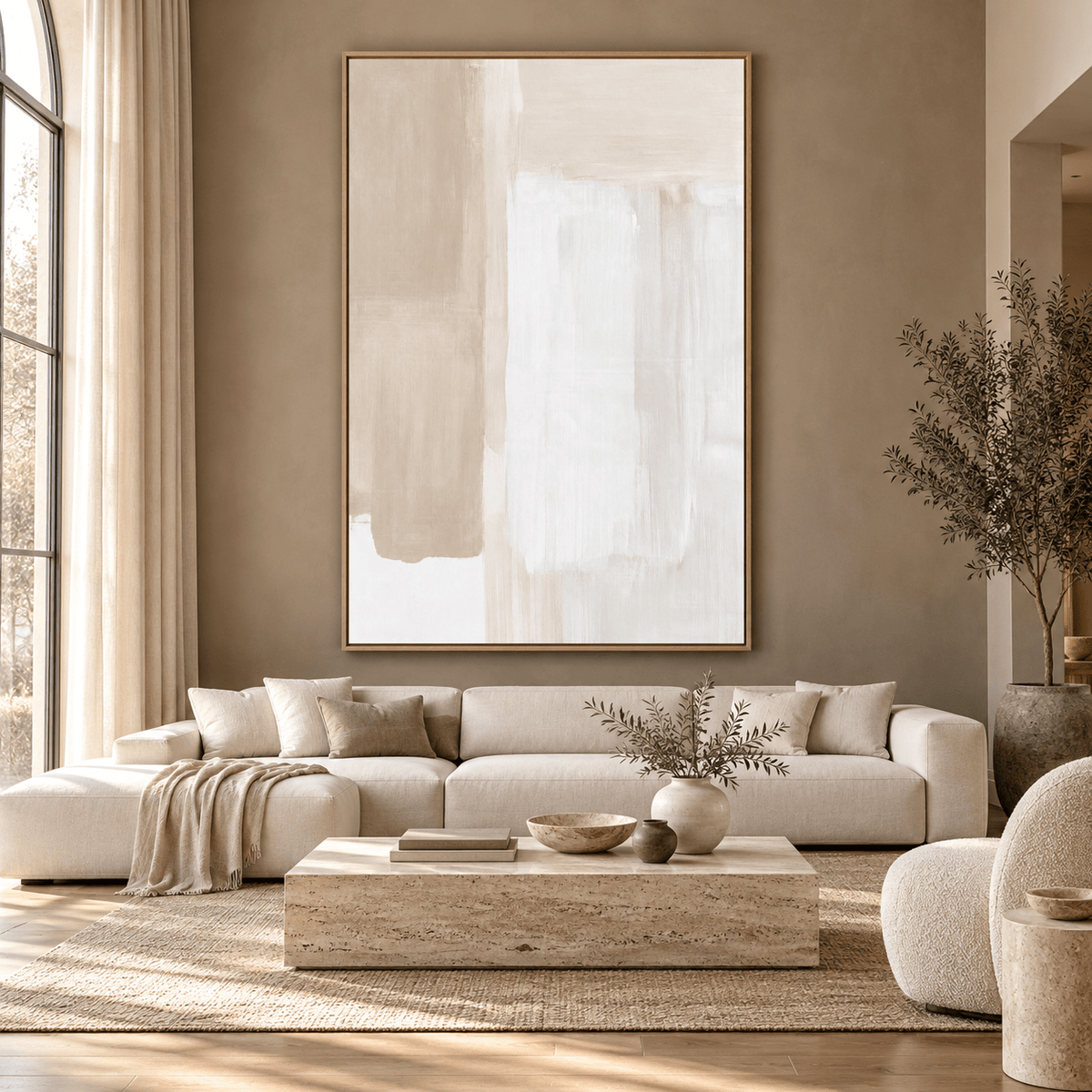 Taupe Wall Art – Oat Field by Rossetti Art above a cream sofa