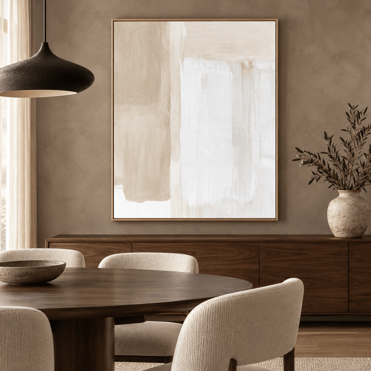 Taupe Wall Art – Oat Field by Rossetti Art over a walnut sideboard in a dining room