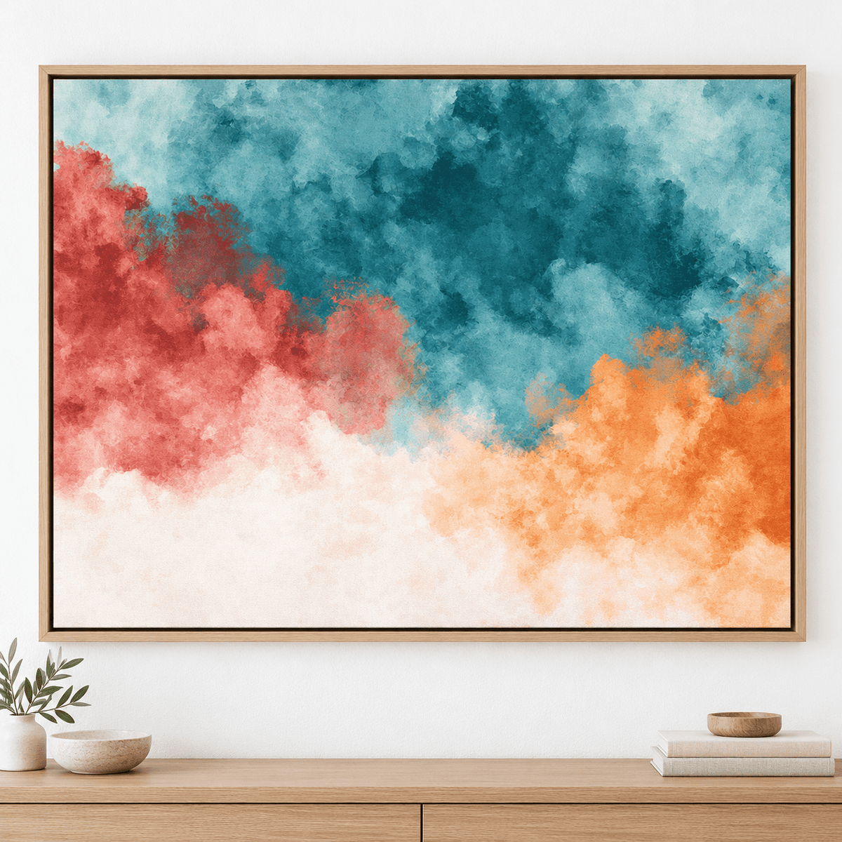 Teal and Orange Wall Art – Tidal Bloom canvas print by Rossetti Art, horizontal watercolor clouds
