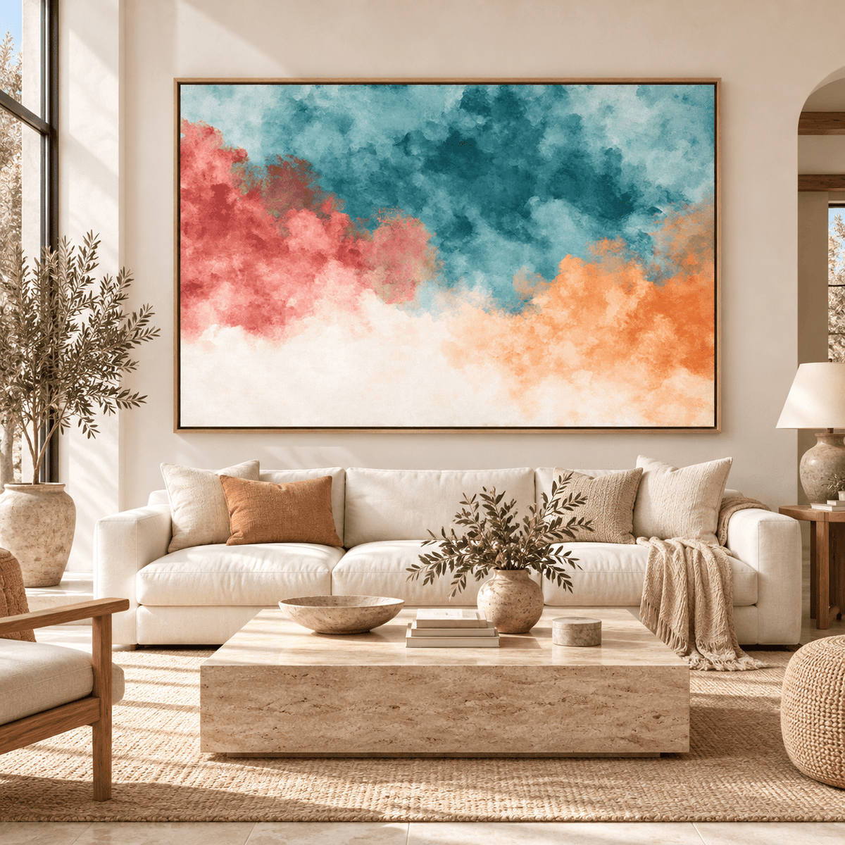 Teal and orange abstract wall art Tidal Bloom above a cream sofa in a bright living room