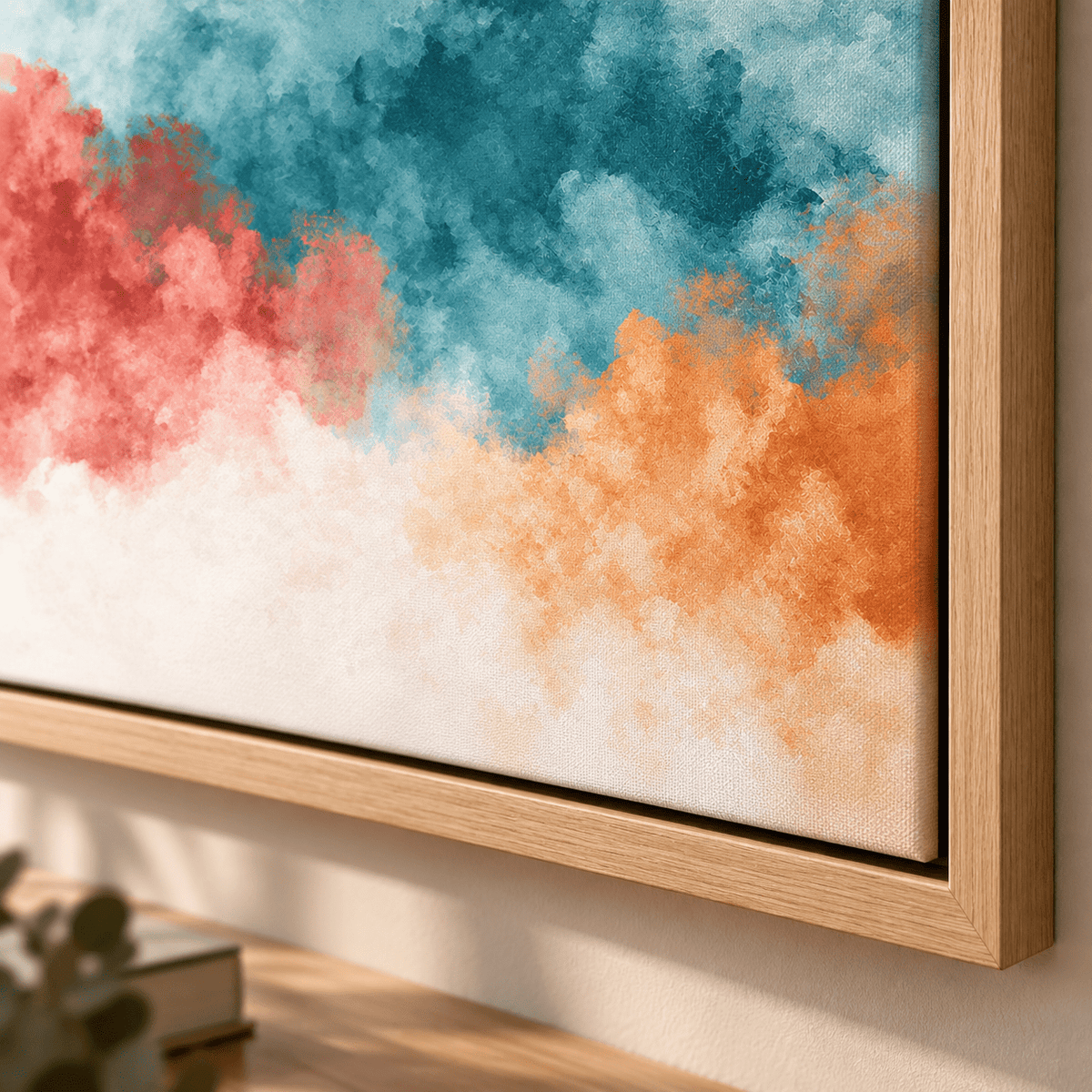 Close-up corner of the Tidal Bloom canvas print in a hardwood floater frame