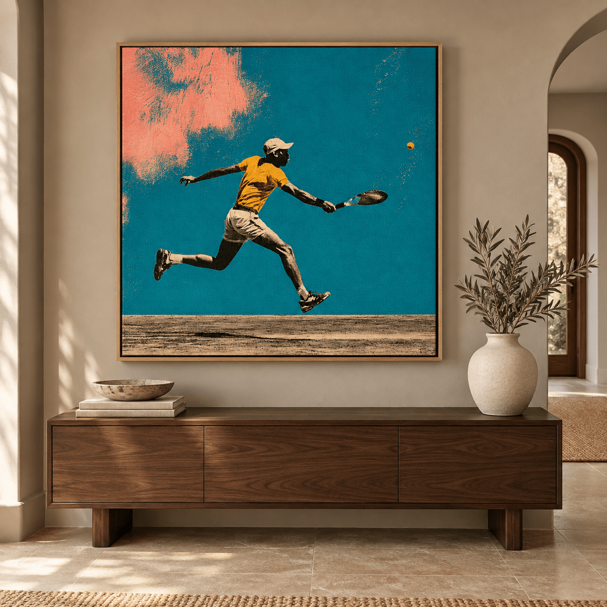 Tennis Art Print Canvas – Courtside Dash by Rossetti Art, vintage tennis collage canvas in a modern entryway