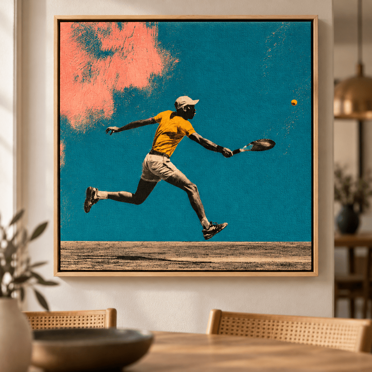 Tennis Art Print Canvas – Courtside Dash by Rossetti Art, close-up of the framed canvas corner and teal texture