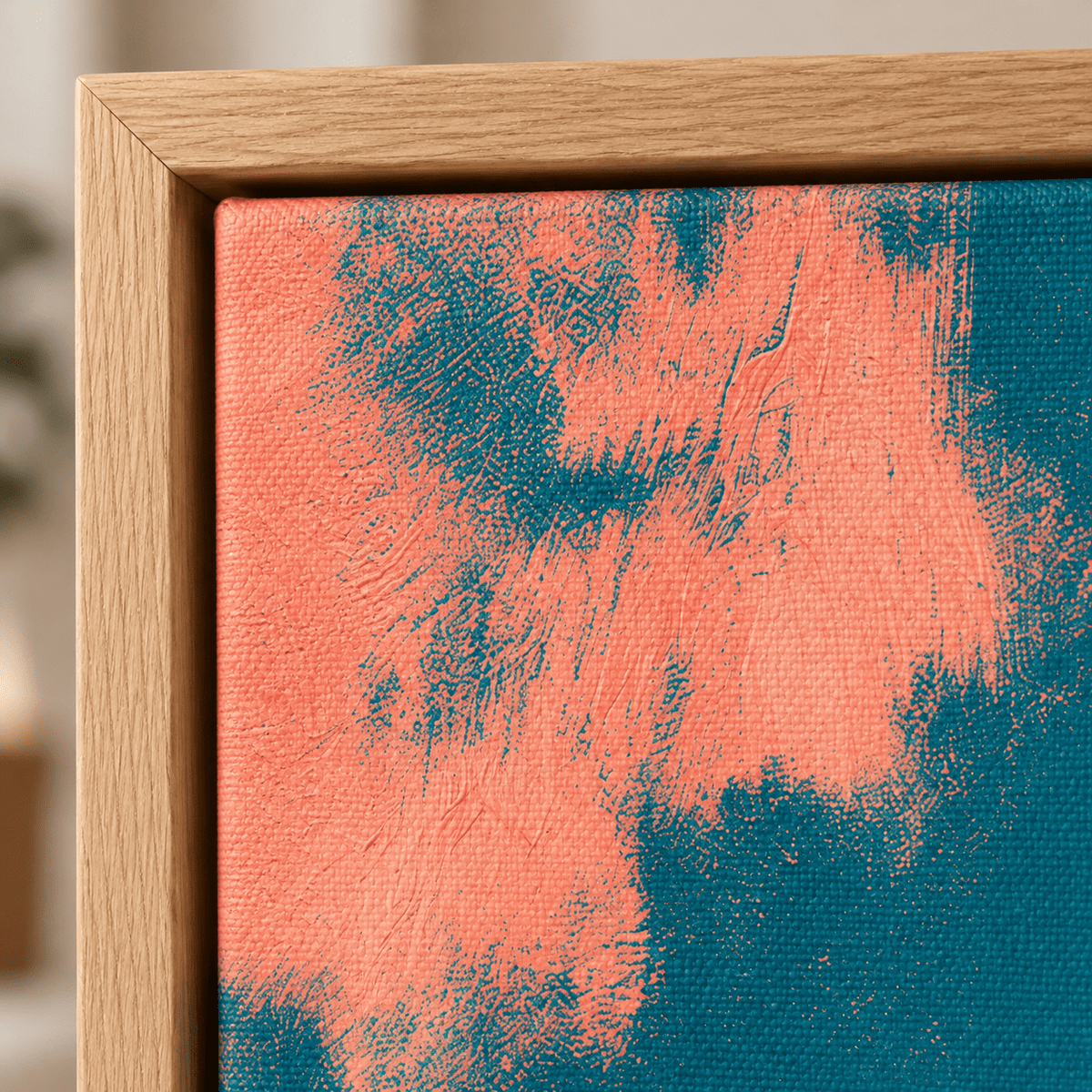 Tennis Art Print Canvas – Courtside Dash by Rossetti Art, coral and teal canvas corner detail